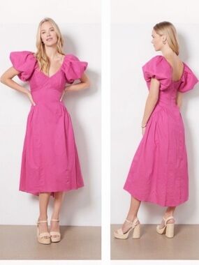 FRAME Puff-sleeve Textured Midi Dress V-neck A-line High Low Flounce Hem Small